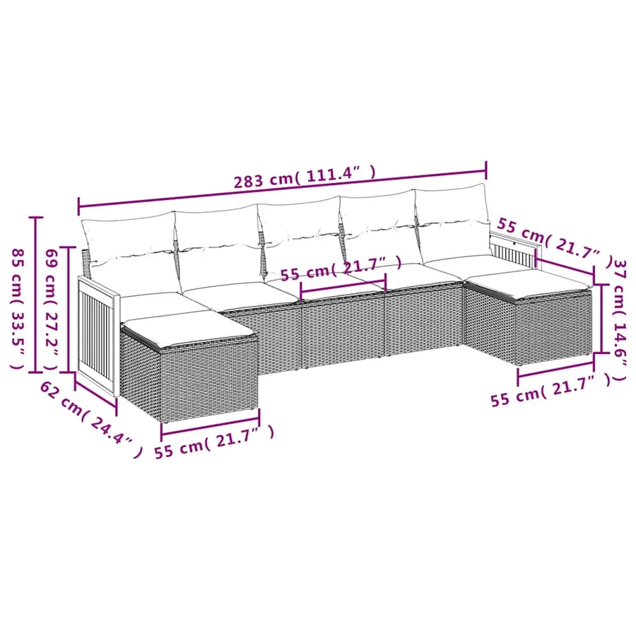 Salon de jardin 7 pcs avec coussins noir résine tressée 55 x 62 x 69 cm - 55,2 kg - 7