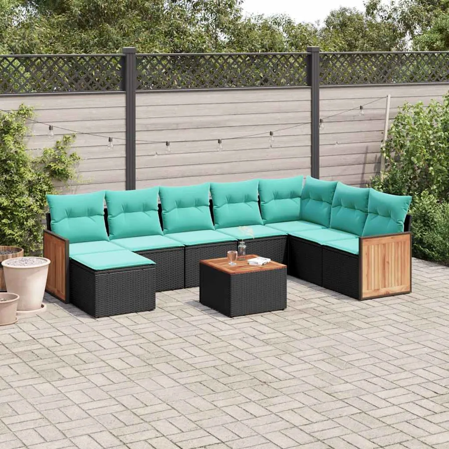 Ensemble de canapé de jardin 9 pcs avec coussins noir résine tressée