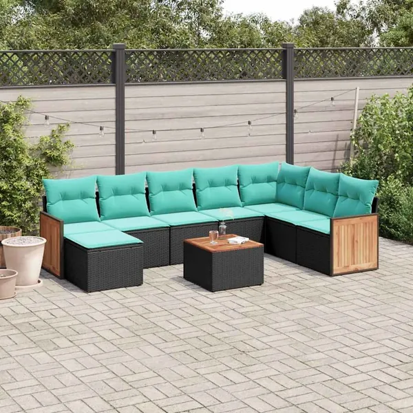 Ensemble de canapé de jardin 9 pcs avec coussins noir résine tressée