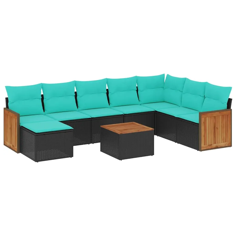 Ensemble de canapé de jardin 9 pcs avec coussins noir résine tressée - 2