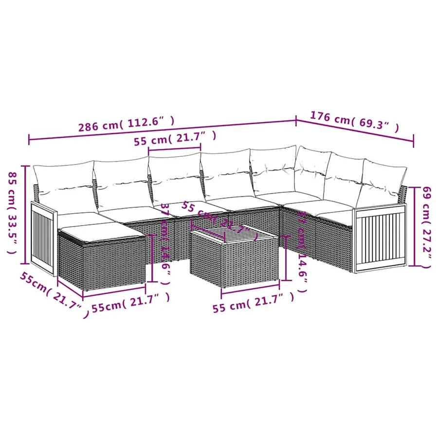 Ensemble de canapé de jardin 9 pcs avec coussins noir résine tressée - 9