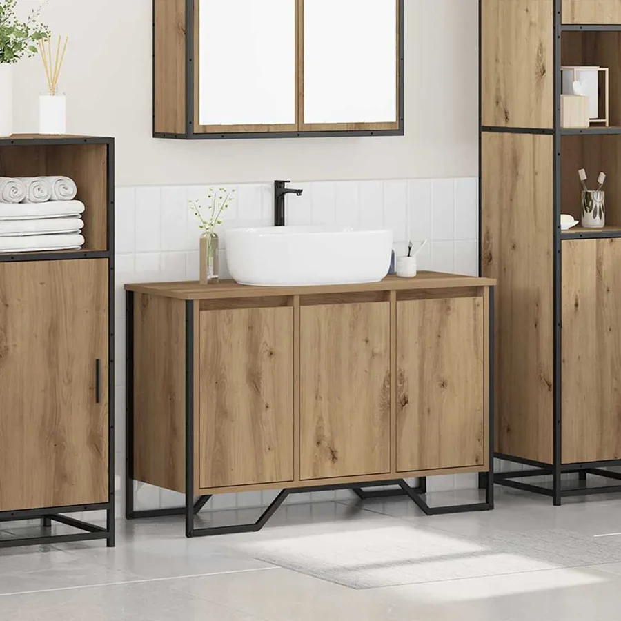 Meuble de Lavabo de Salle de Bain avec stockage Chêne artisanal - 4