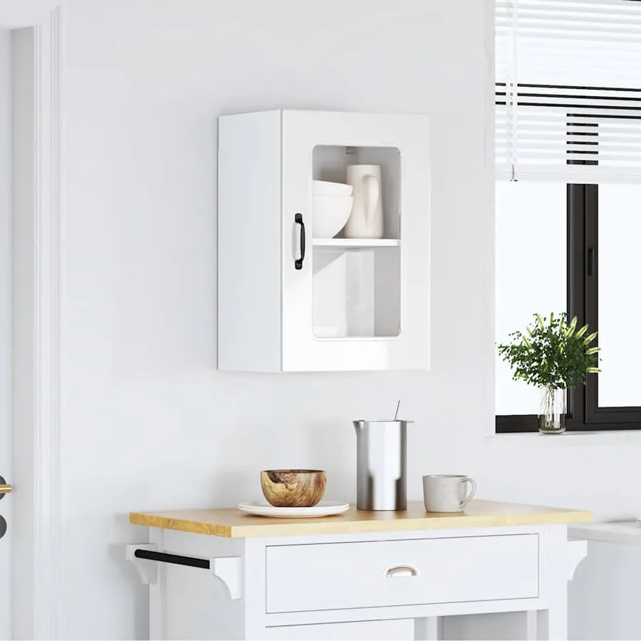 Armoire murale de cuisine avec porte vitrée "Kalmar" Bois d'ingénierie blanc brillant - 3