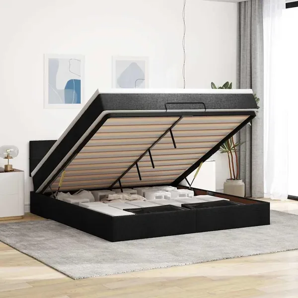 Cadre de lit ottoman avec matelas noir 160x200 cm tissu
