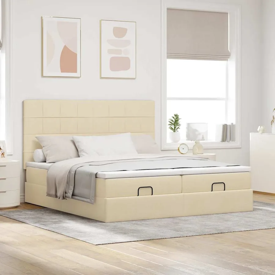 Cadre de lit ottoman avec matelas crème 200x200cm tissu - 3