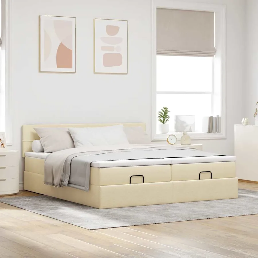 Cadre de lit ottoman avec matelas crème 200x200cm tissu - 3
