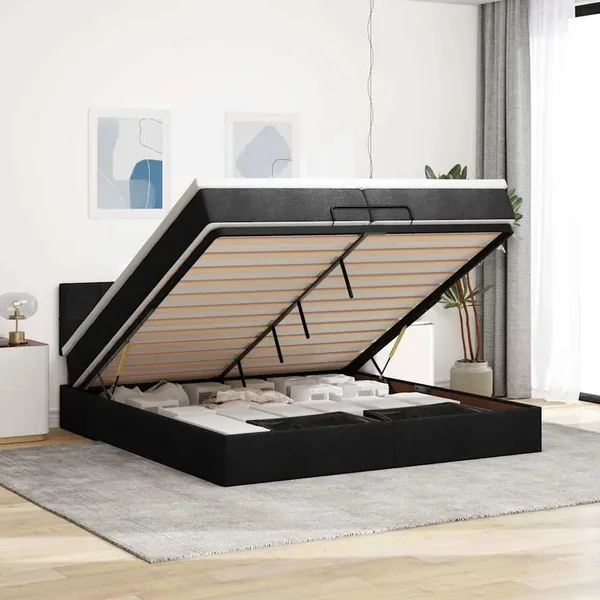 Cadre de lit ottoman avec matelas noir 200x200cm tissu
