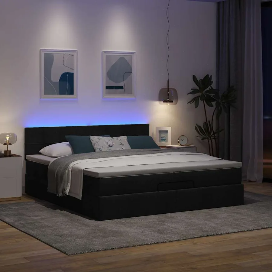 Cadre de lit ottoman avec matelas noir 200x200cm tissu - 3