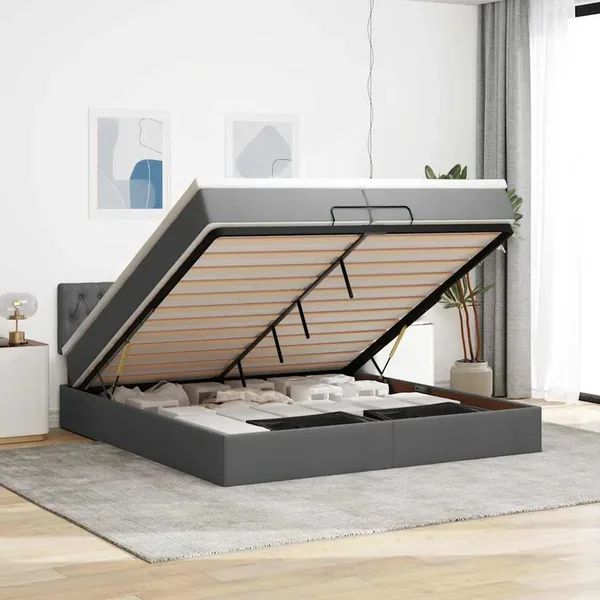 Cadre de lit ottoman avec matelas gris foncé 200x200 cm tissu