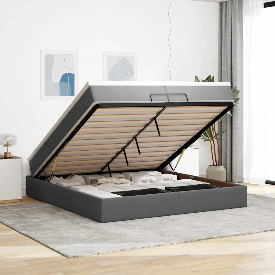 Cadre de lit ottoman avec matelas gris foncé 200x200cm tissu