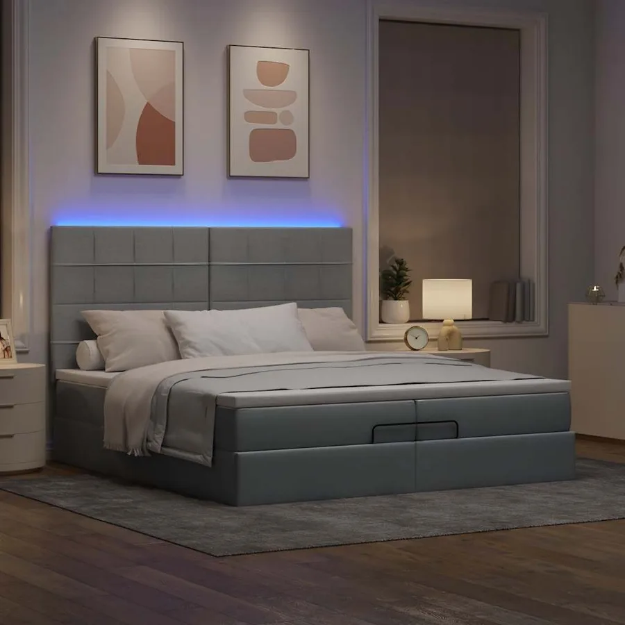 Cadre de lit ottoman et matelas gris clair 200x200cm tissu - 3