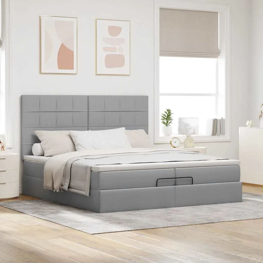 Cadre de lit ottoman et matelas gris clair 200x200cm tissu - 4