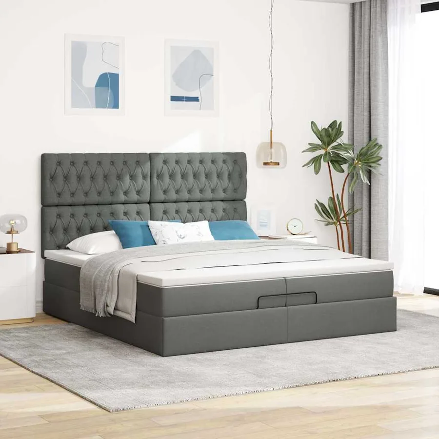 Cadre de lit ottoman avec matelas gris foncé 200x200cm tissu - 4