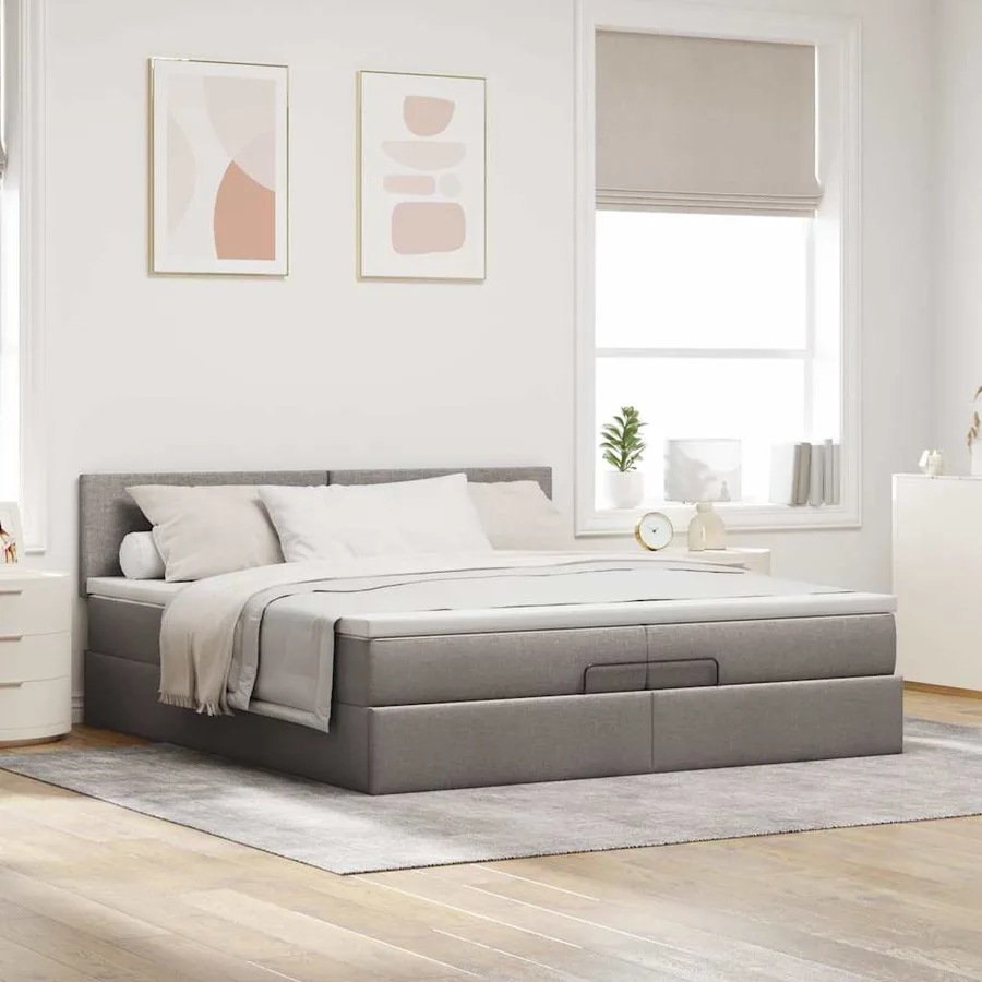 Cadre de lit ottoman avec matelas taupe 200x200 cm tissu - 3