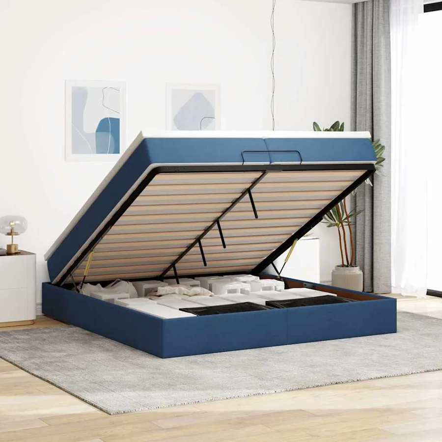 Cadre de lit ottoman avec matelas bleu 200x200cm tissu