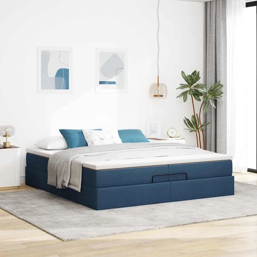 Cadre de lit ottoman avec matelas bleu 200x200cm tissu - 3