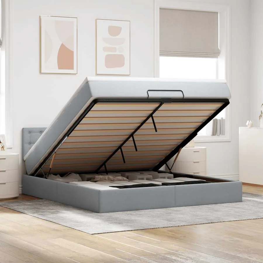 Lit ottoman avec matelas et LED Gris clair 180x200 cm tissu