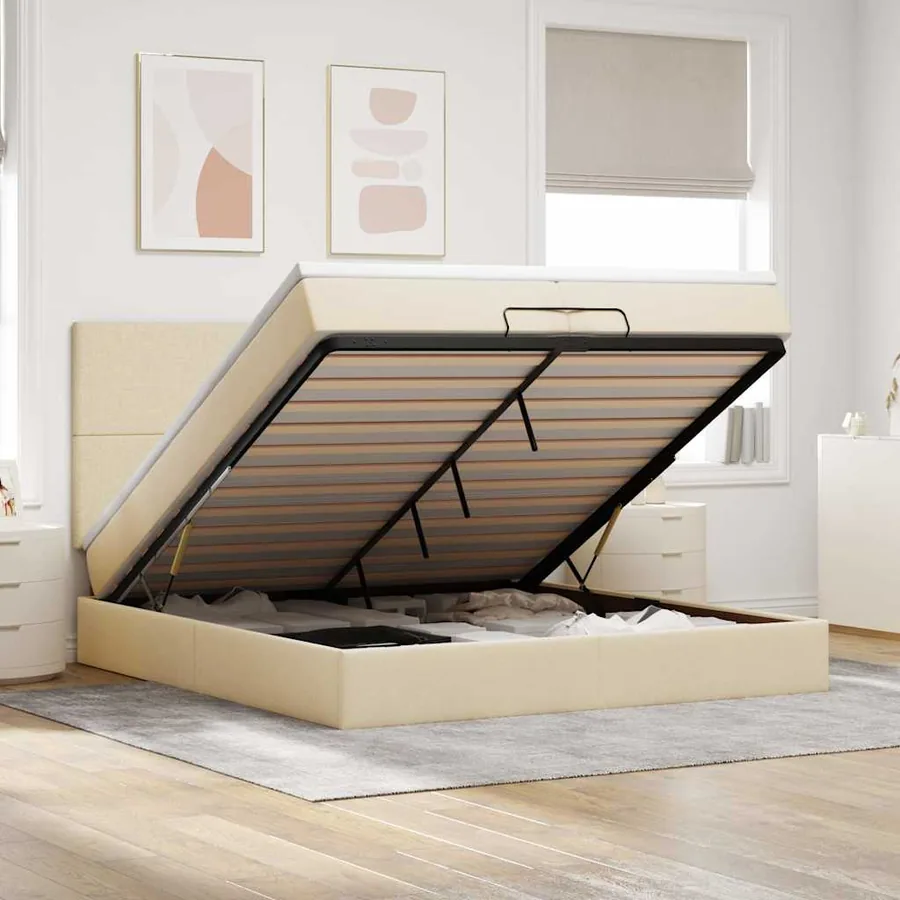 Cadre de lit ottoman avec matelas crème 200x200cm tissu