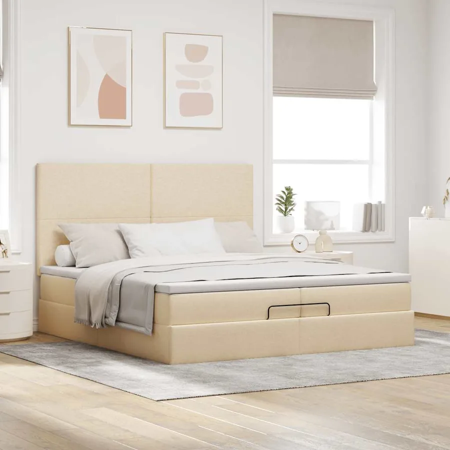 Cadre de lit ottoman avec matelas crème 200x200cm tissu - 4