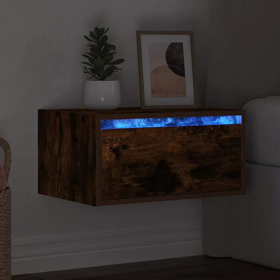 Table de chevet murale avec lumières LED chêne fumé - 5