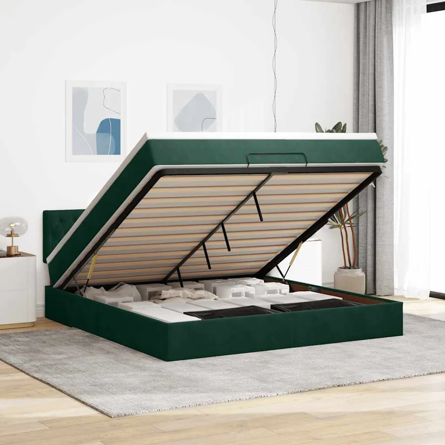 Cadre de lit ottoman avec matelas vert foncé 180x200 cm velours