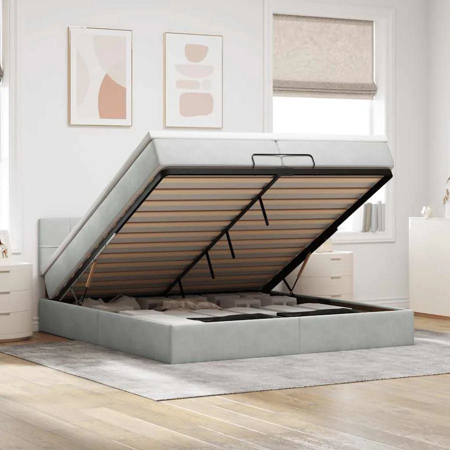 Cadre de lit ottoman avec matelas gris clair 200x200 cm velours