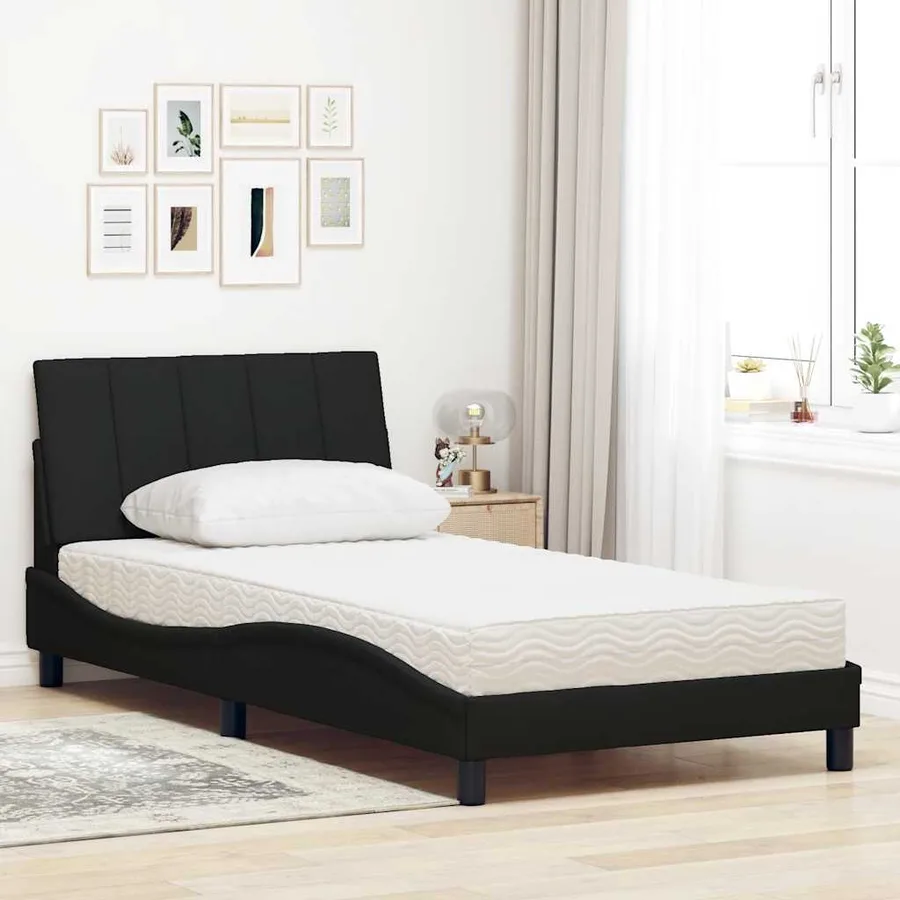 Lit avec matelas Hanko noir 100x200 cm tissu - 3