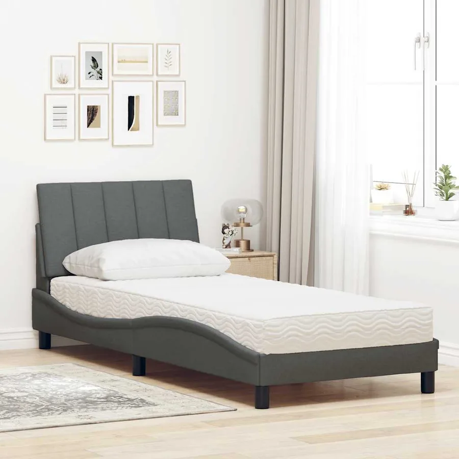 Lit avec matelas Hanko gris foncé 90x190 cm tissu - 3