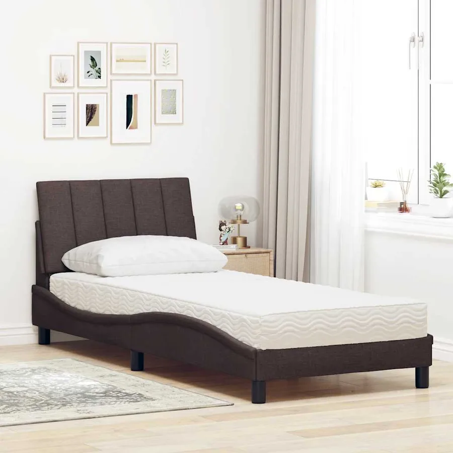 Lit avec matelas Hanko marron foncé 90x200 cm tissu - 3