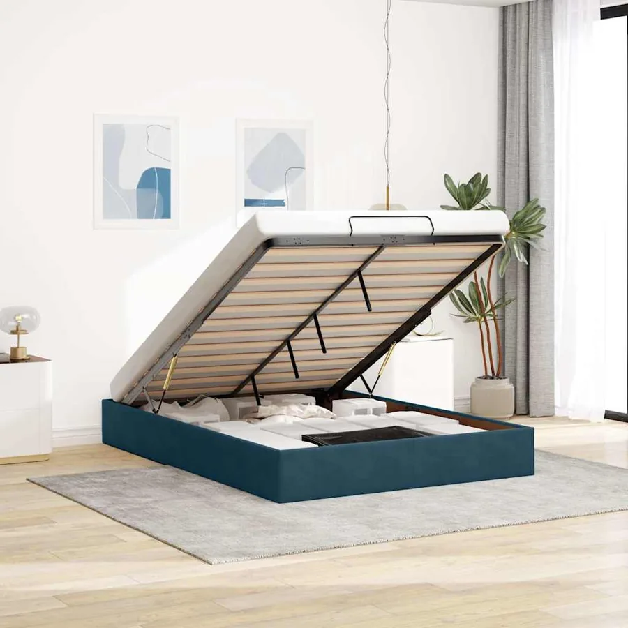 Cadre de lit ottoman sans matelas bleu foncé 140x200 cm velours