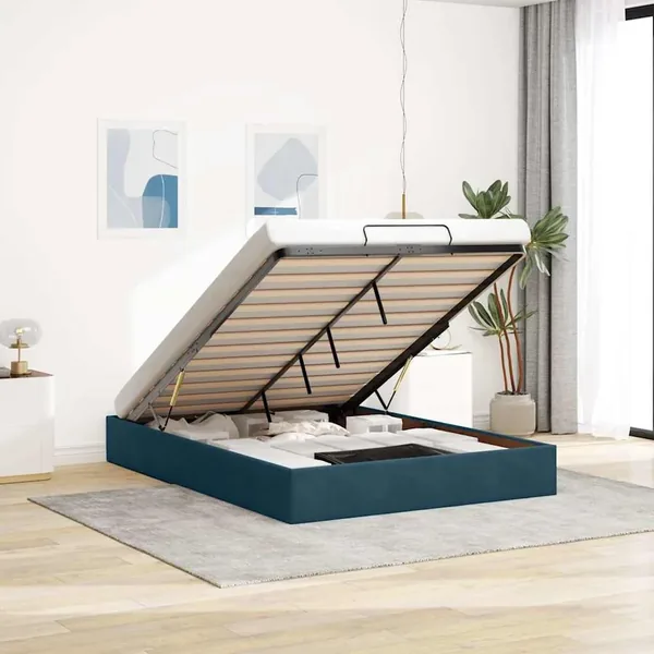 Cadre de lit ottoman sans matelas bleu foncé 140x200 cm velours