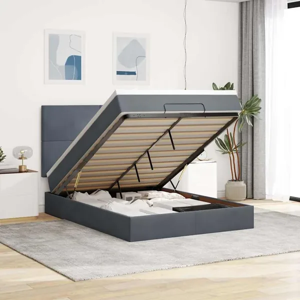 Cadre de lit ottoman avec matelas gris foncé 140x200 cm velours