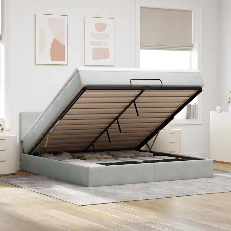 Cadre de lit ottoman avec matelas gris clair 160x200 cm velours