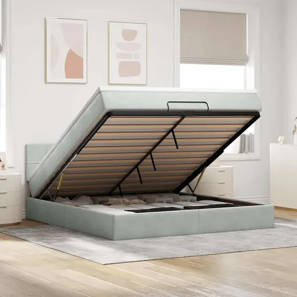 Cadre de lit ottoman avec matelas gris clair 160x200 cm velours
