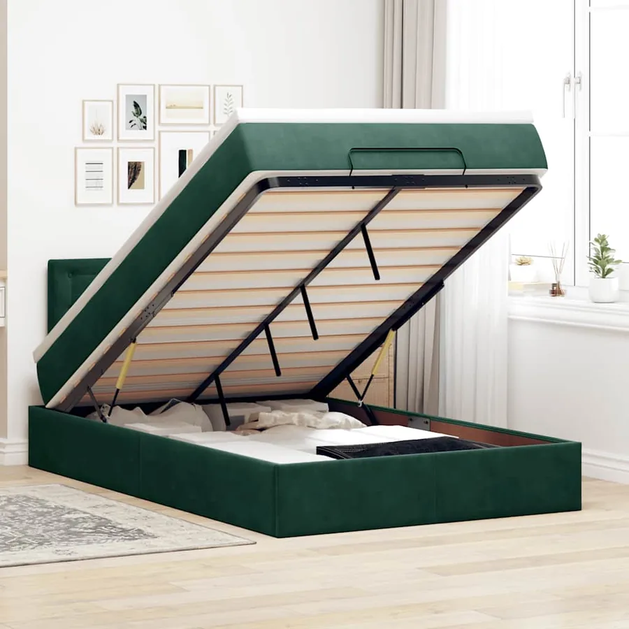 Cadre de lit ottoman avec matelas vert foncé 120x200 cm velours