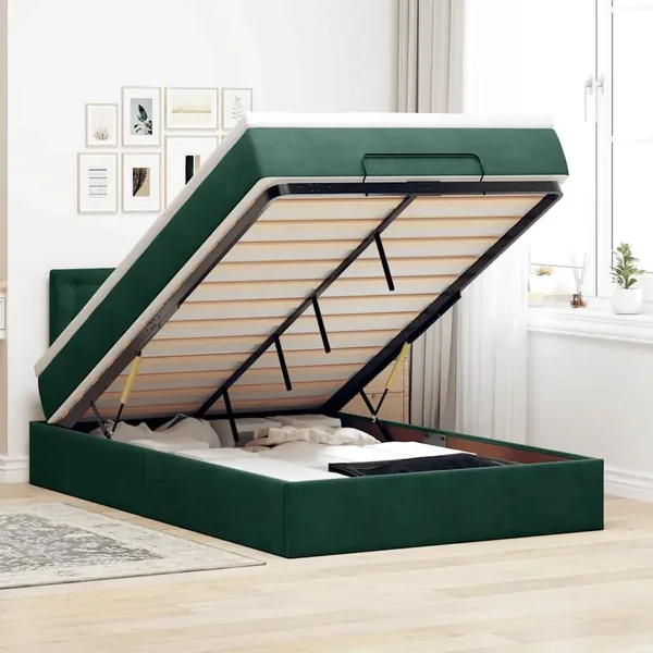 Cadre de lit ottoman avec matelas vert foncé 120x200 cm velours