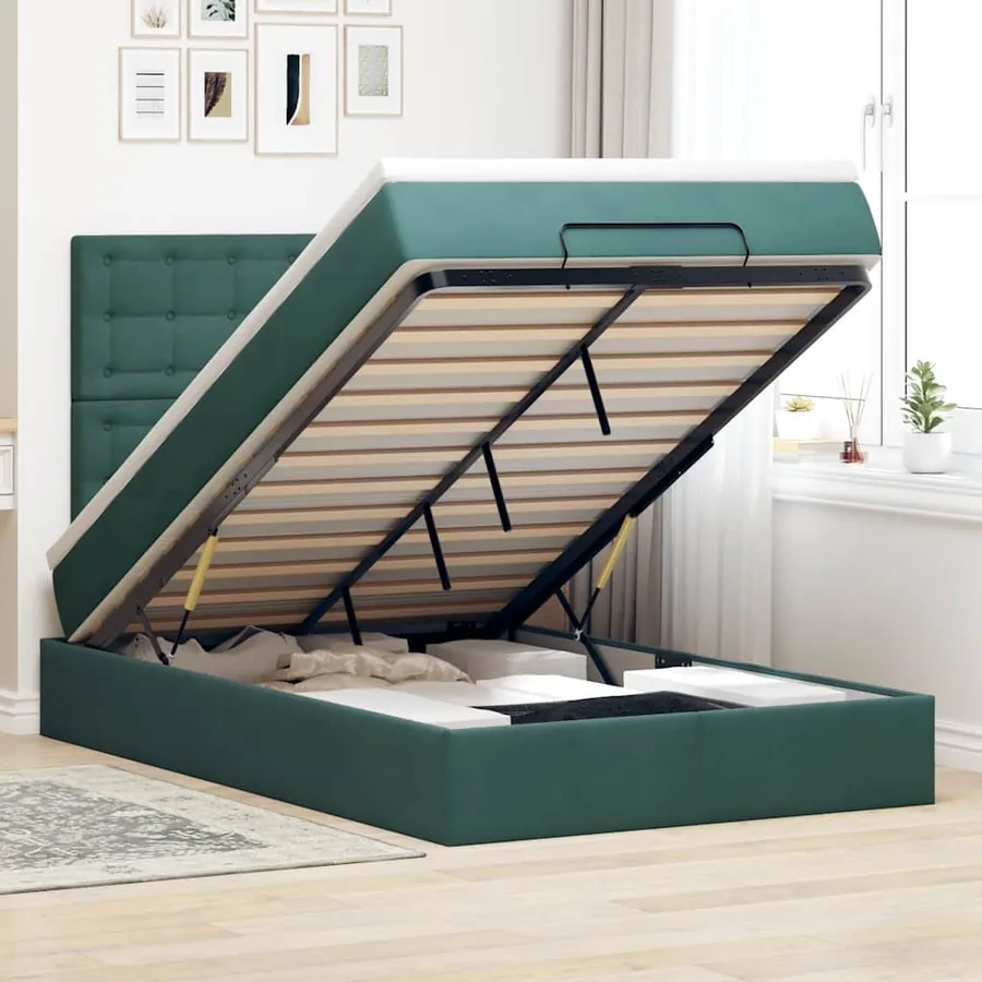 Cadre de lit ottoman avec matelas vert foncé 120x200 cm velours