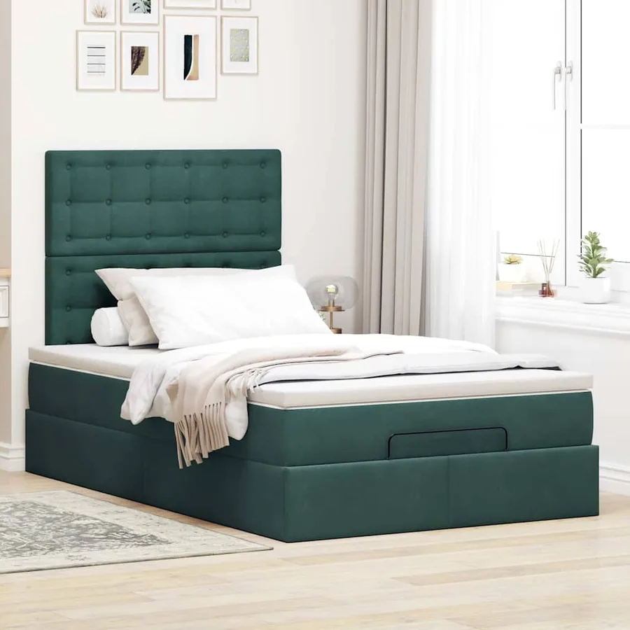 Cadre de lit ottoman avec matelas vert foncé 120x200 cm velours - 4