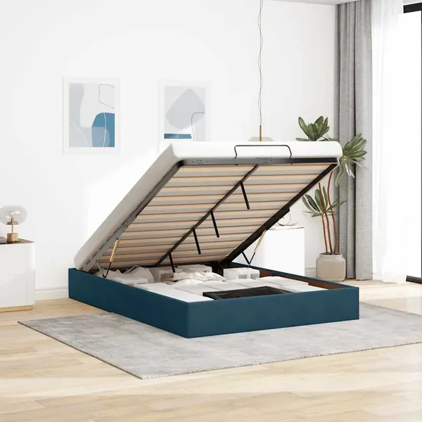 Cadre de lit ottoman sans matelas bleu foncé 140x190 cm velours
