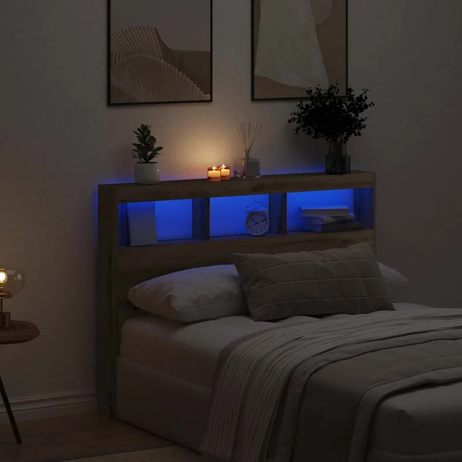 Armoire tête de lit avec LED chêne artisanal 140x17x102 cm
