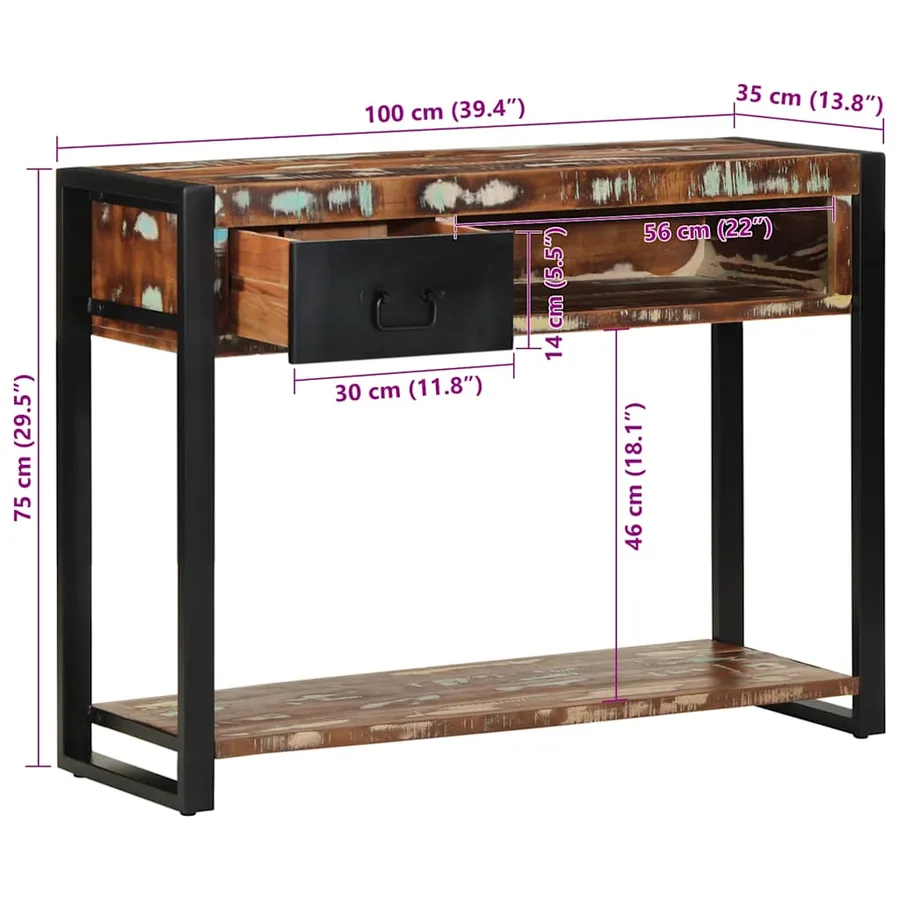 Table console multicolore 100x35x75 cm bois massif récupération - 10
