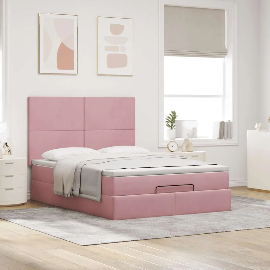 Cadre de lit ottoman avec matelas rose 140x190 cm velours - 3