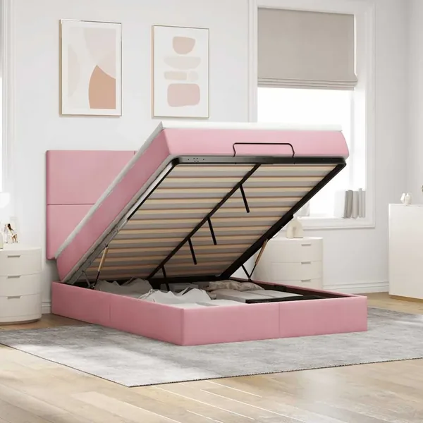 Cadre de lit ottoman avec matelas rose 140x190 cm velours