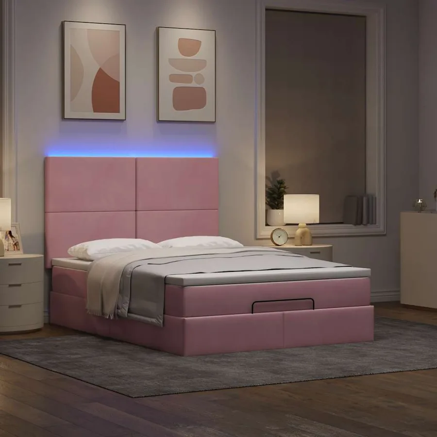 Cadre de lit ottoman avec matelas rose 140x190 cm velours - 3