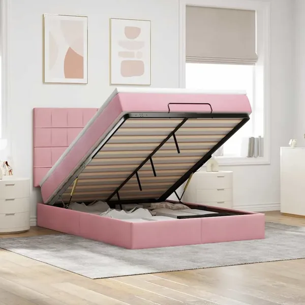 Cadre de lit ottoman avec matelas rose 140x190 cm velours