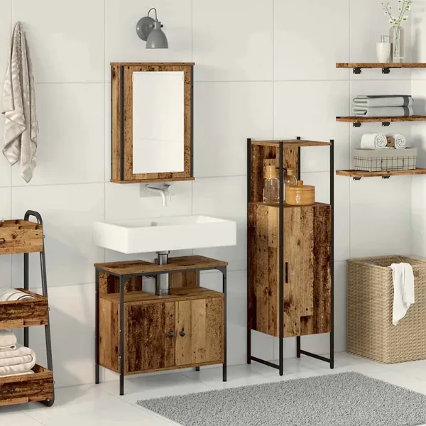 Ensemble de mobilier de salle de bain avec porte 3 pcs Marron