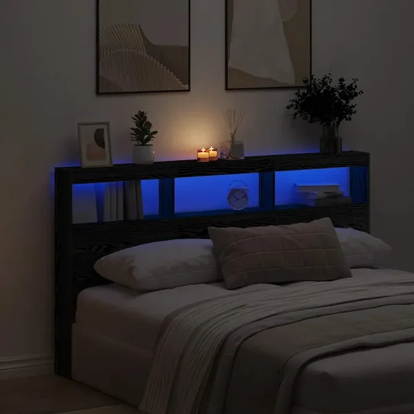 Armoire tête de lit avec LED chêne noir 180x17x102 cm
