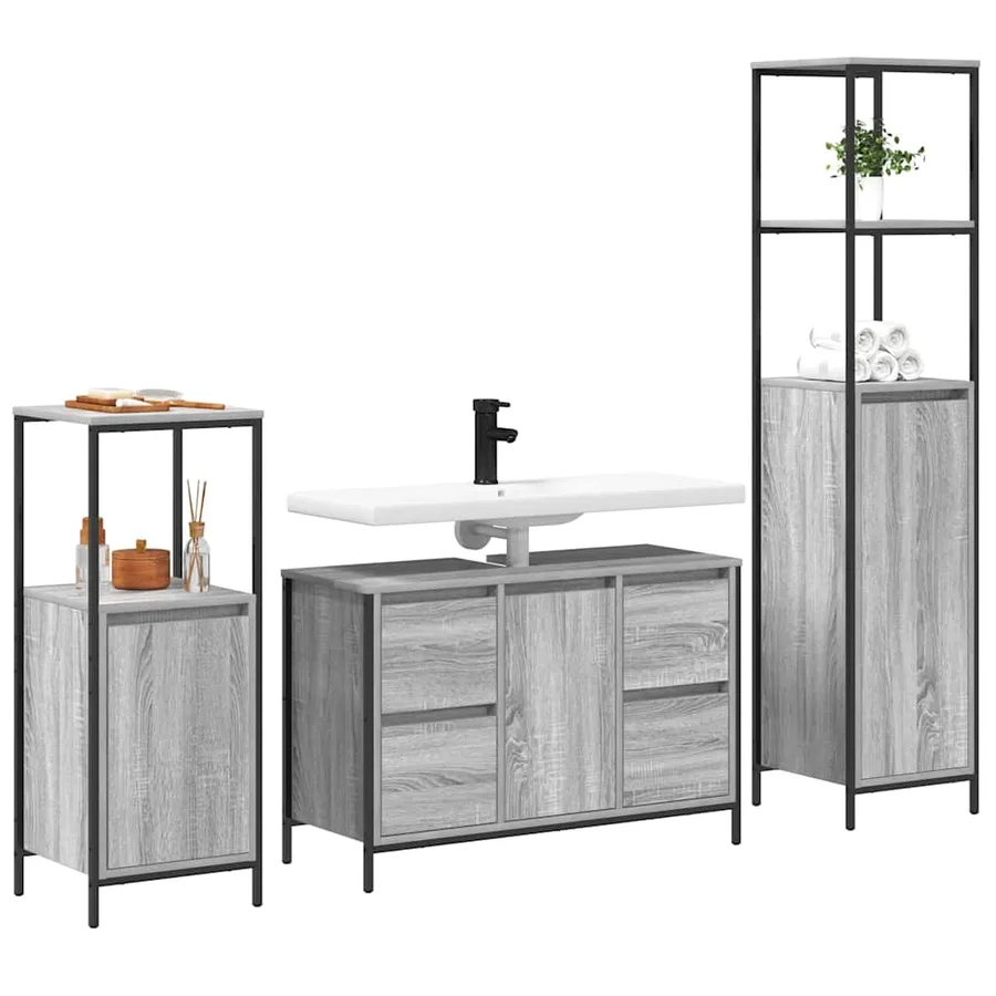 Ensemble de mobilier de salle de bain 3 pcs Gris sonoma et Noir - 3