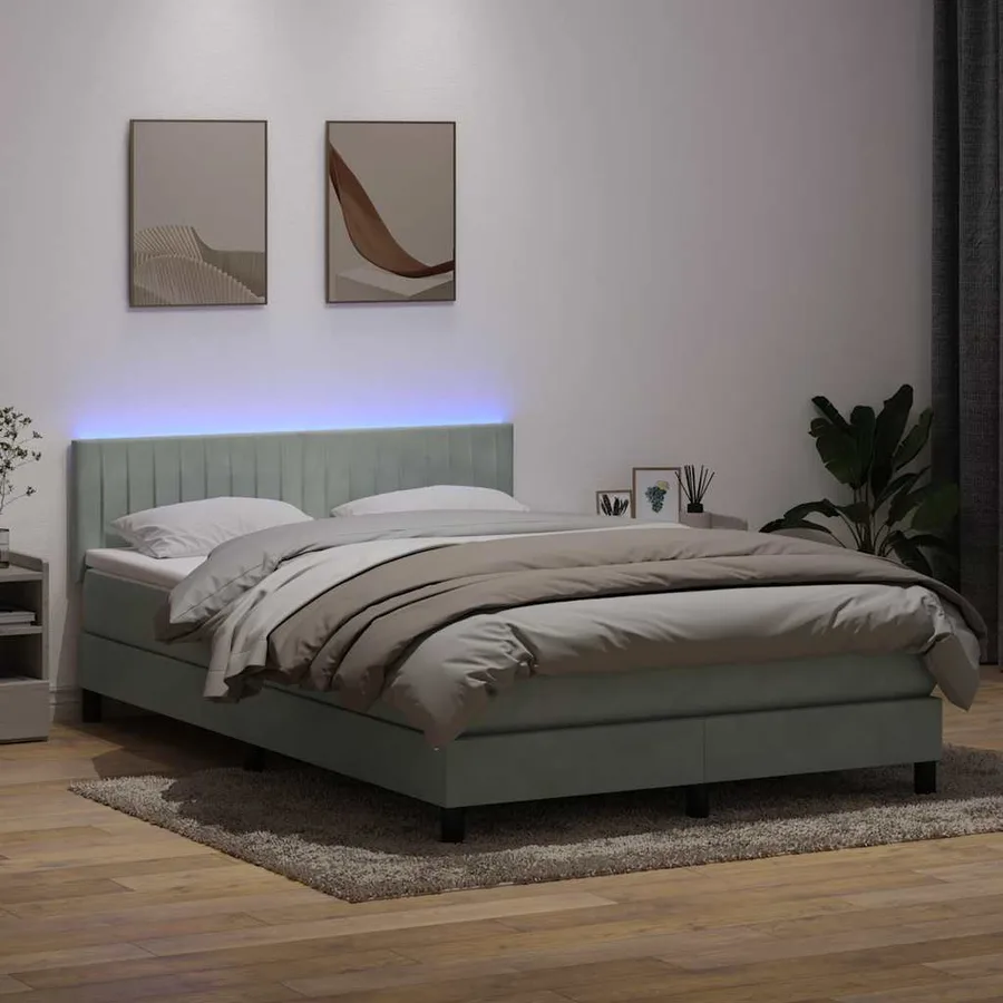 Sommier à lattes de lit et matelas et LED gris clair 140x220cm velours - 4