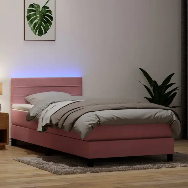 Sommier à lattes de lit avec matelas et LED rose 100x220 cm velours